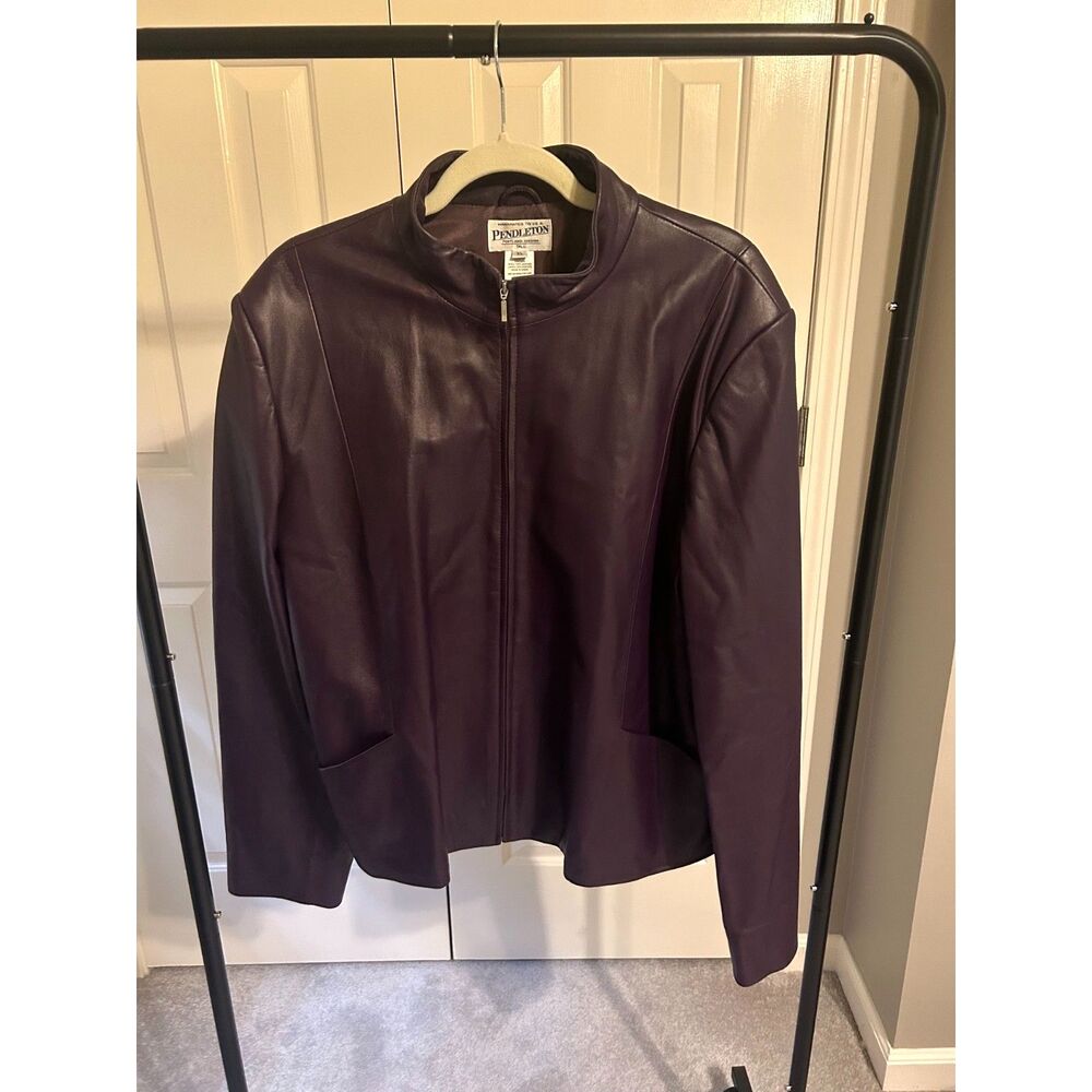 Pendleton Plum Purple Leather Jacket Womens XL Tall Full Zip Minimalist